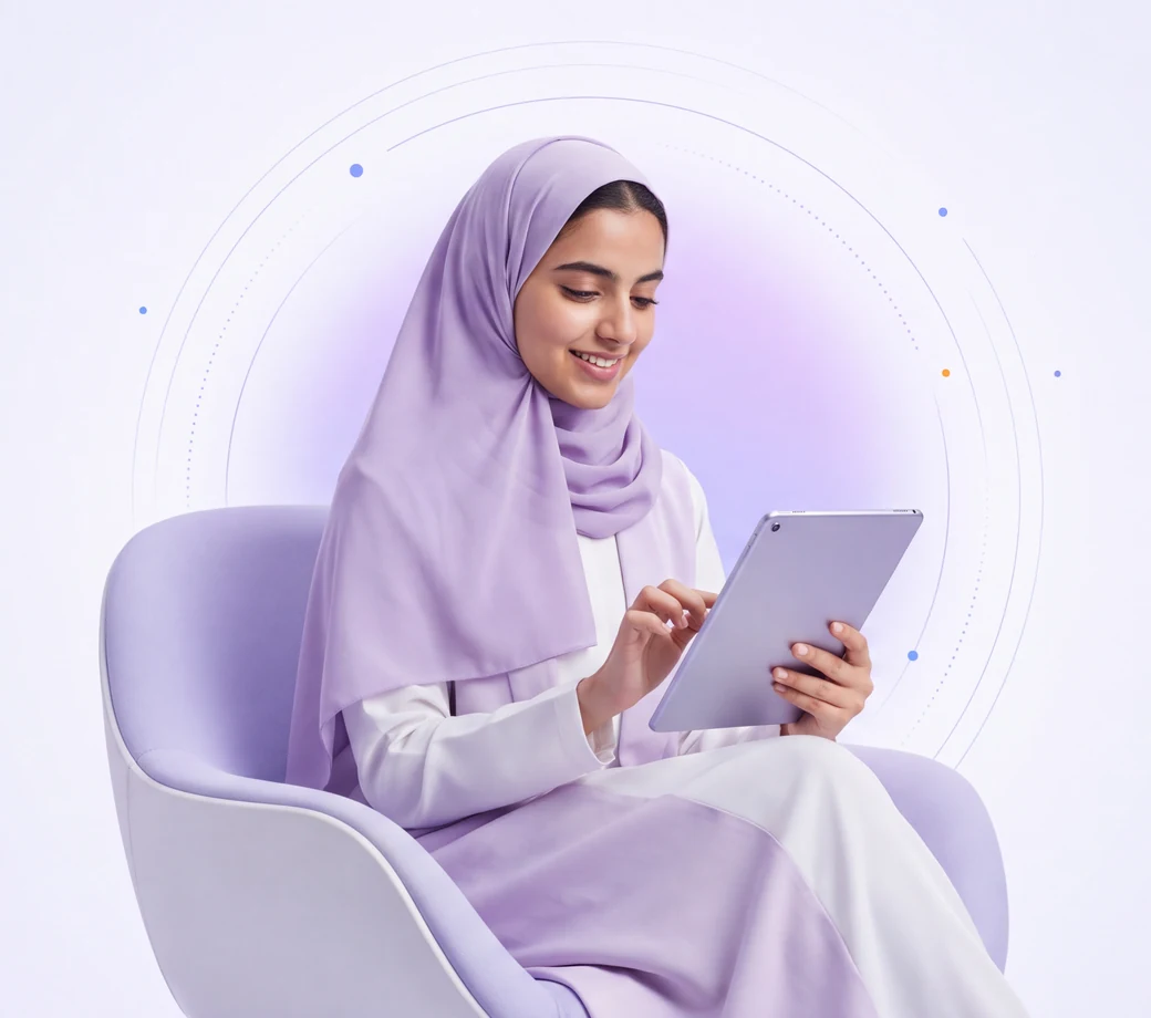 طالبة تذاكر من كتابها على جهاز لوحي